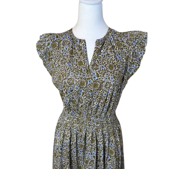 Me + Em Cotton Trailing Lotus Print Midi Dress Size 4 Olive Green Blue Floral - Picture 7 of 16